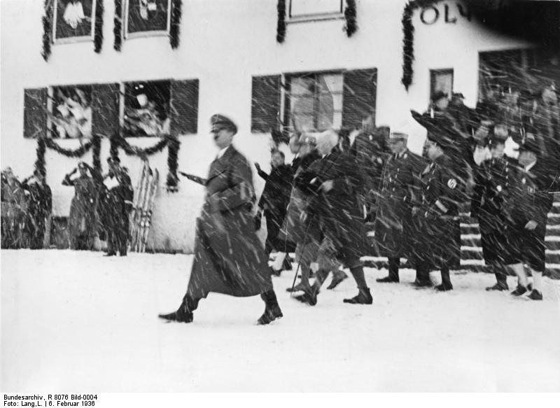Adolf Hitler leaves for the train station after the opening of the Winter Olympics in Garmisch-Partenkirchen